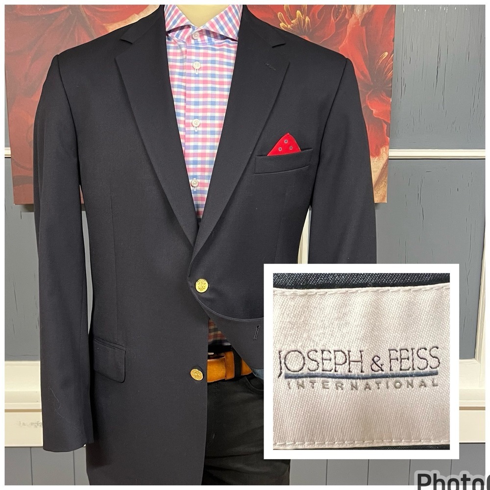 Joseph‎ & Feiss Blazer Mens 41L Long Classic Fit Wool Dark Navy Golden Buttons